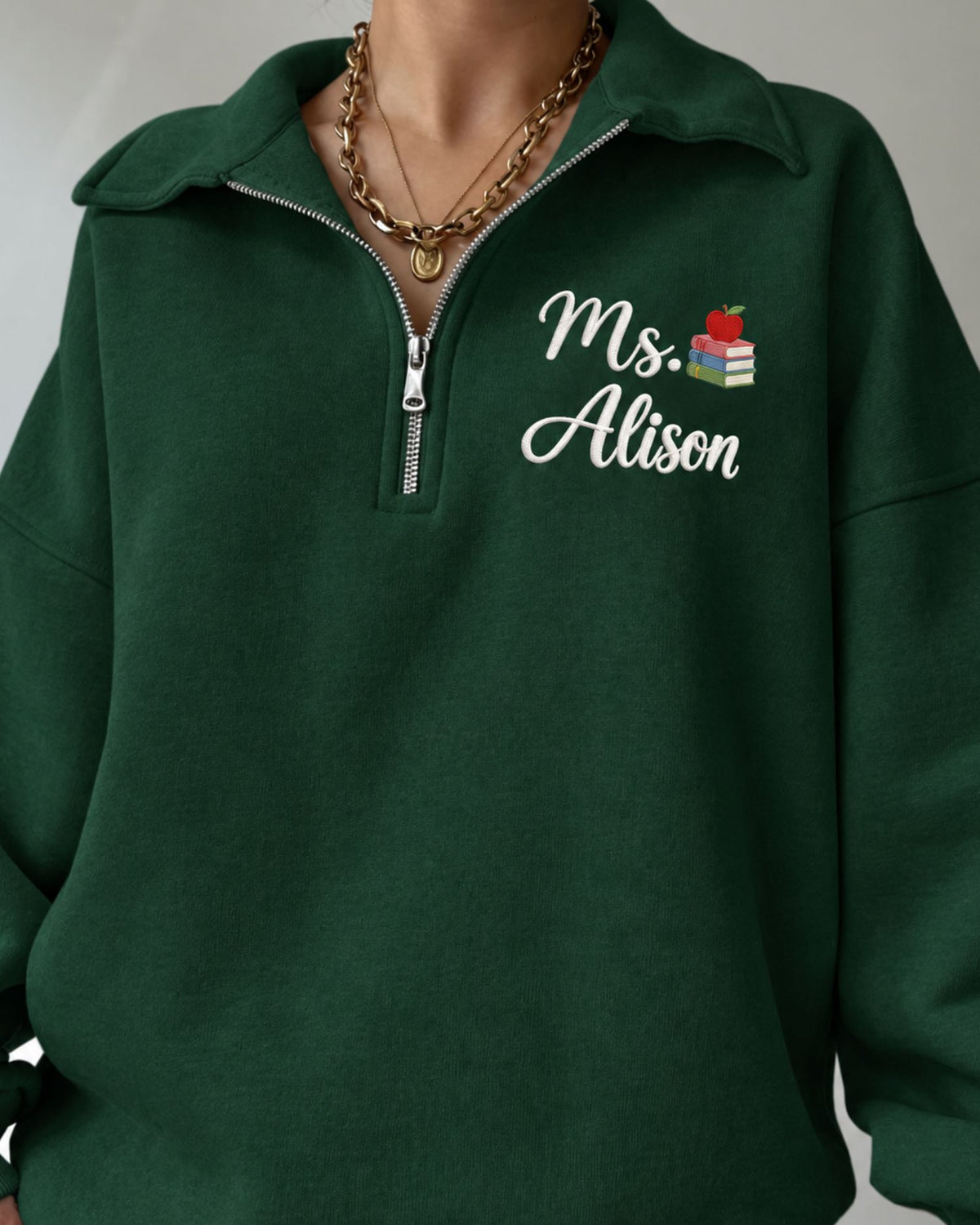 Personalized Teacher Apple Books Quarter Zip Sweatshirt — mockup 3