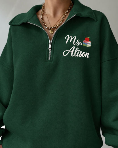 Personalized Teacher Apple Books Quarter Zip Sweatshirt — mockup 3