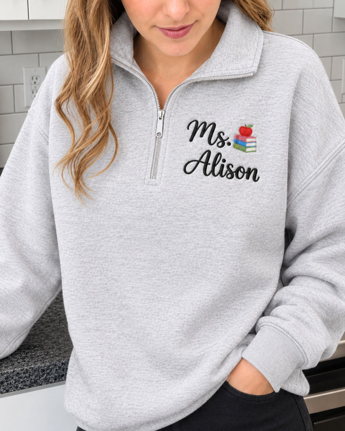 Personalized Teacher Apple Books Quarter Zip Sweatshirt — mockup 4