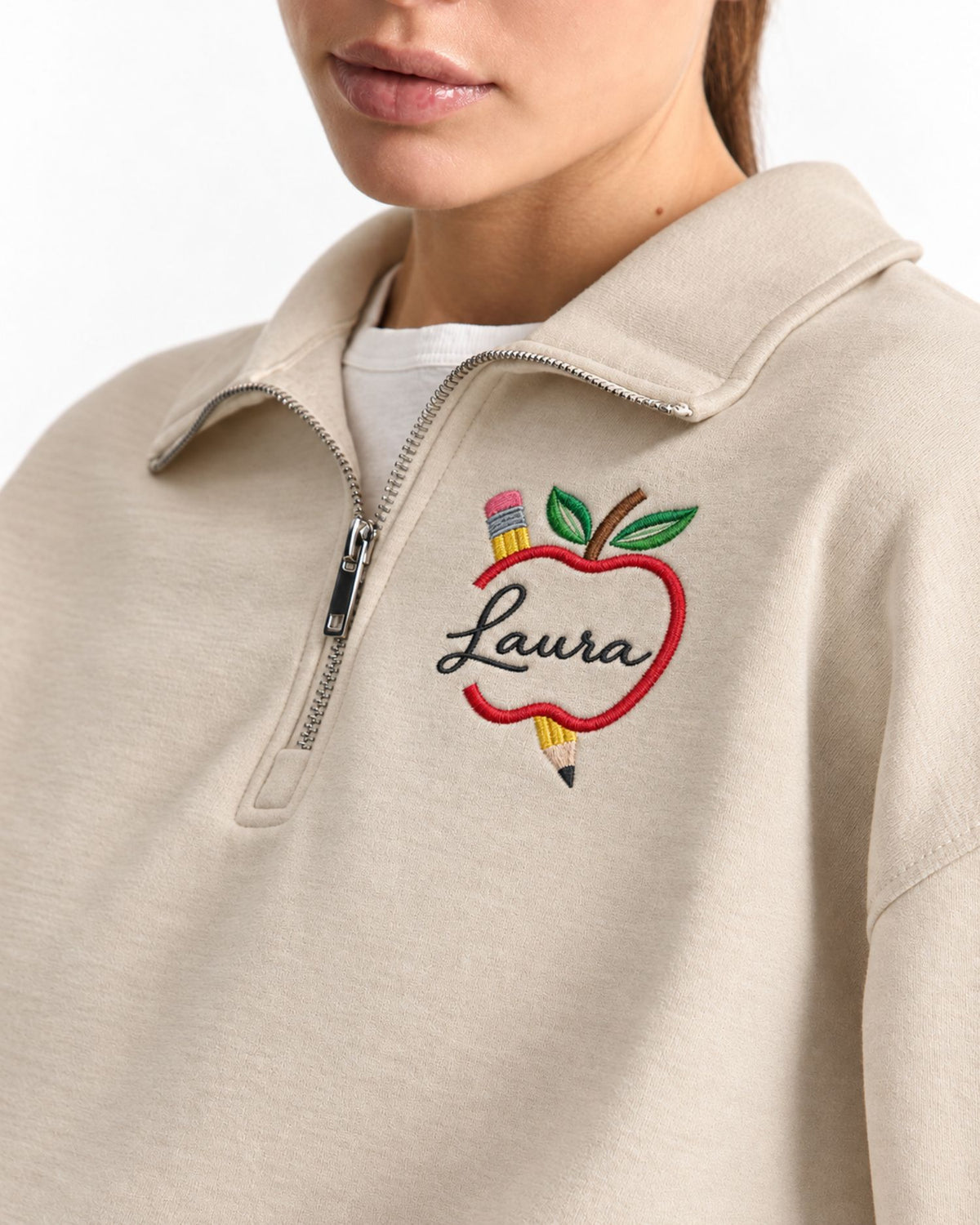 Personalized Apple Teacher Quarter Zip Sweatshirt — mockup 1