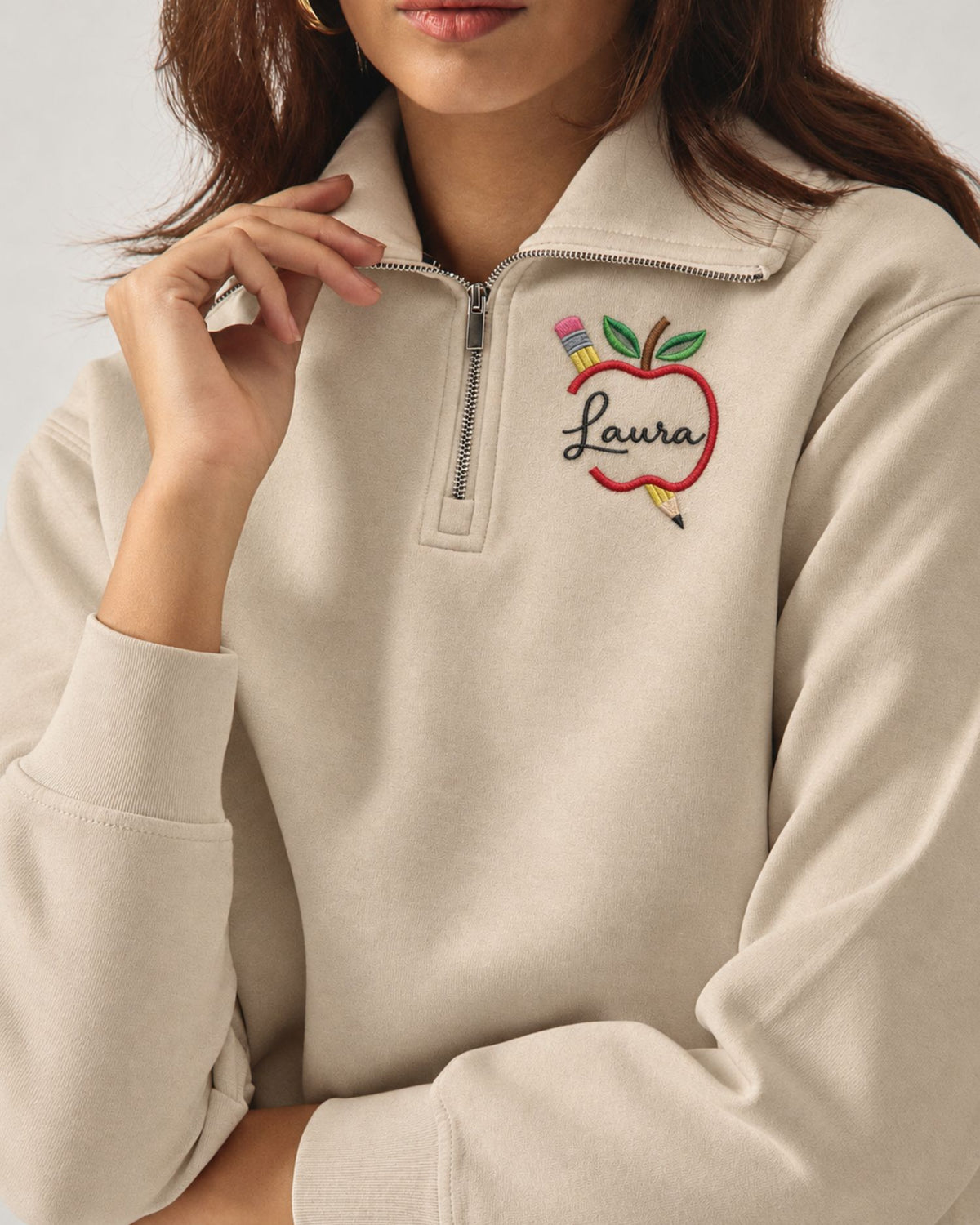 Personalized Apple Teacher Quarter Zip Sweatshirt — mockup 3