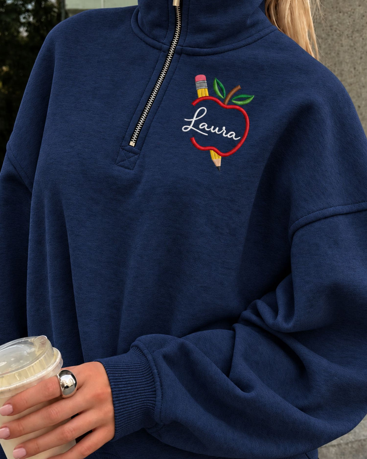 Personalized Apple Teacher Quarter Zip Sweatshirt — mockup 4
