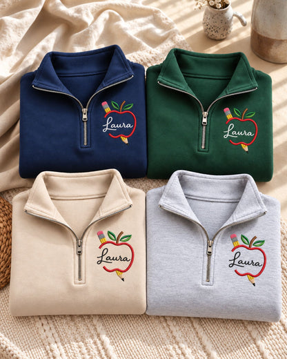 Personalized Apple Teacher Quarter Zip Sweatshirt — mockup 5