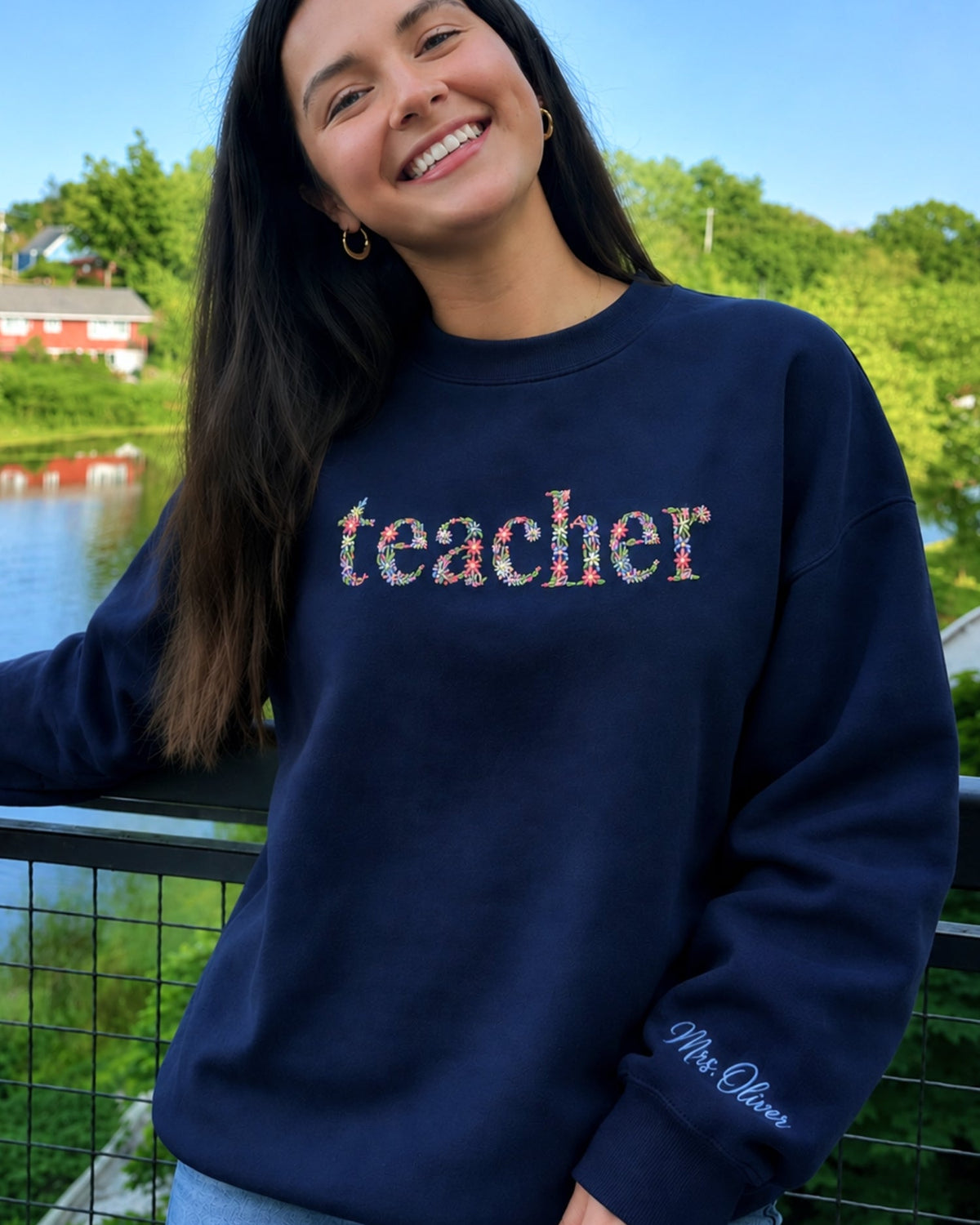Personalized Floral Teacher Embroidered Sweatshirt mockup 4