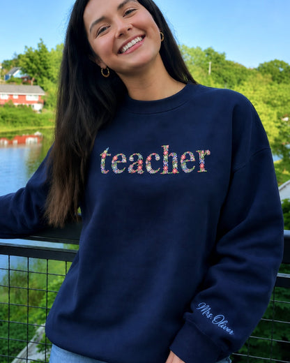 Personalized Floral Teacher Embroidered Sweatshirt mockup 4