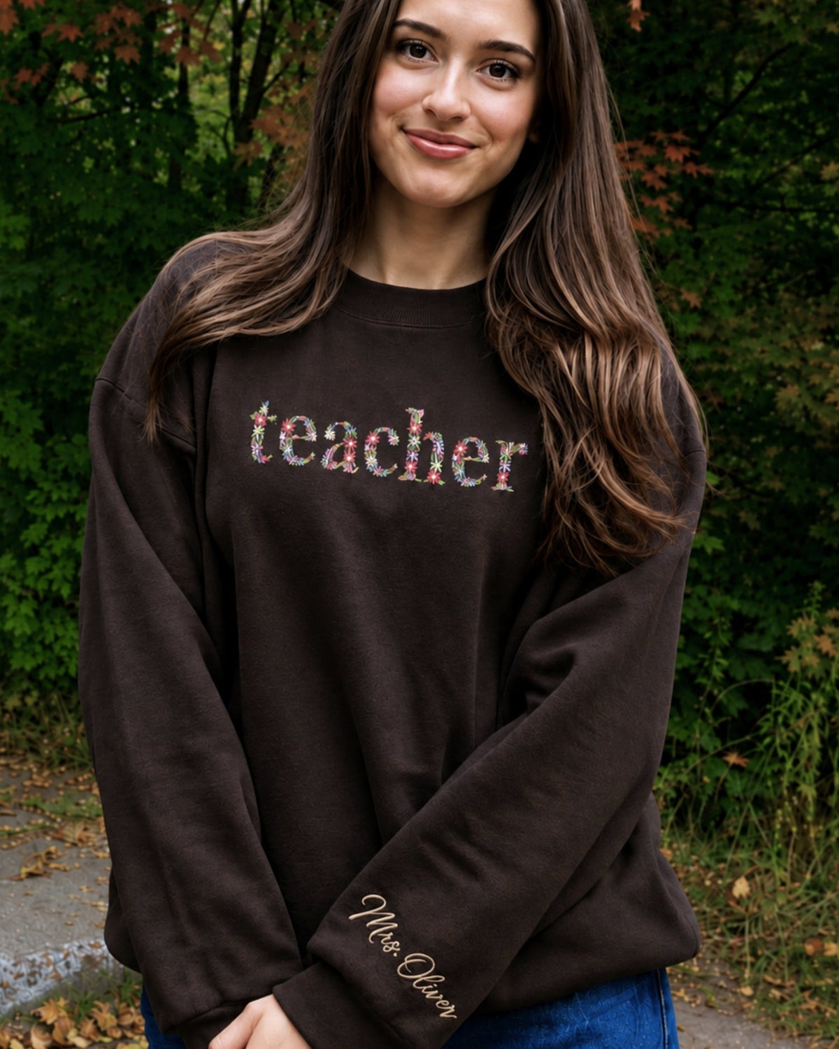 Personalized Floral Teacher Embroidered Sweatshirt mockup 5