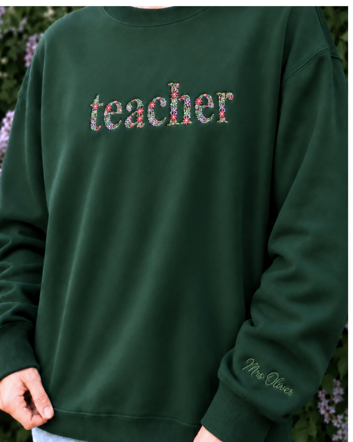 Personalized Floral Teacher Embroidered Sweatshirt mockup 6