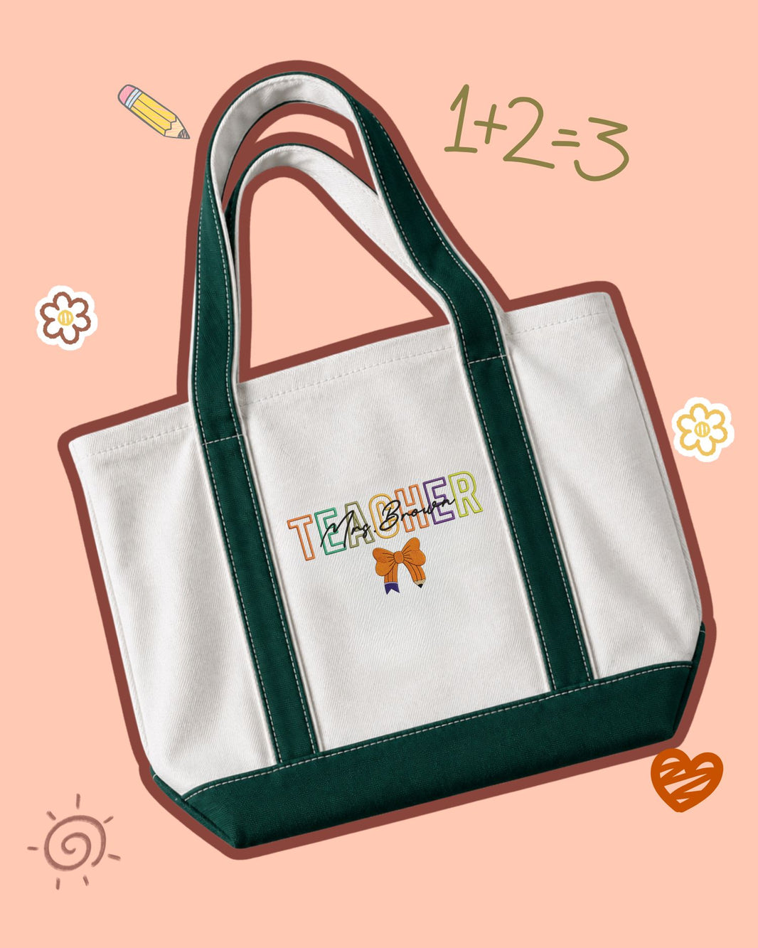 Halloween Teacher Pencil Bow Personalize Embroidered Tote Bag — mockup 1