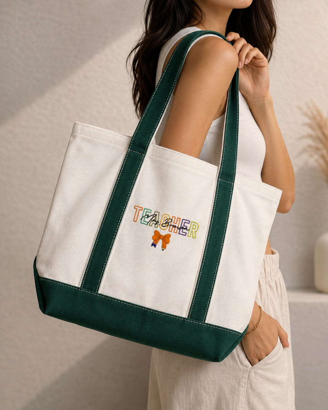 Halloween Teacher Pencil Bow Personalize Embroidered Tote Bag — mockup 2