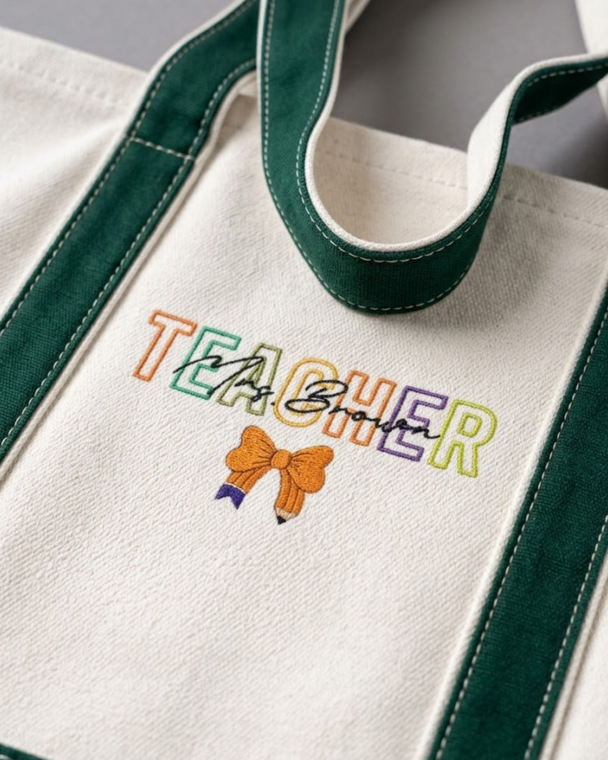 Halloween Teacher Pencil Bow Personalize Embroidered Tote Bag — mockup 3