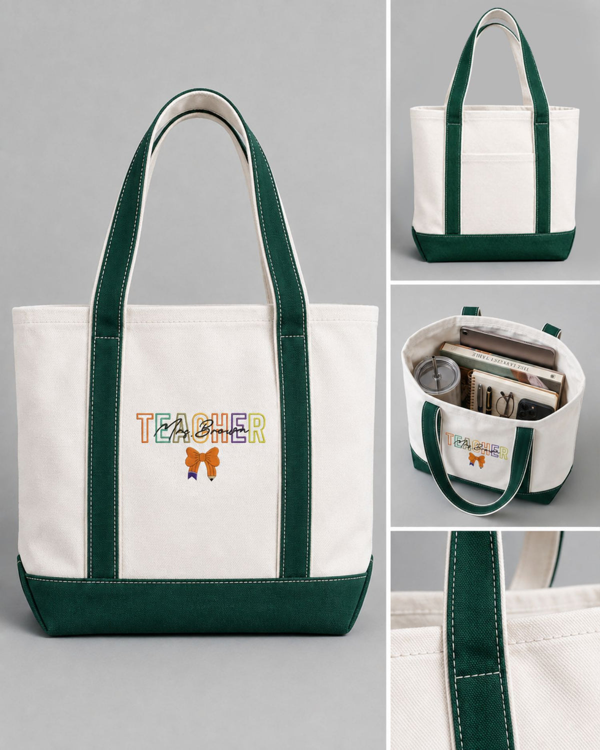 Halloween Teacher Pencil Bow Personalize Embroidered Tote Bag — mockup 4