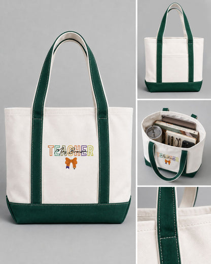 Halloween Teacher Pencil Bow Personalize Embroidered Tote Bag — mockup 4