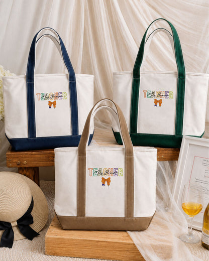 Halloween Teacher Pencil Bow Personalize Embroidered Tote Bag — mockup 5