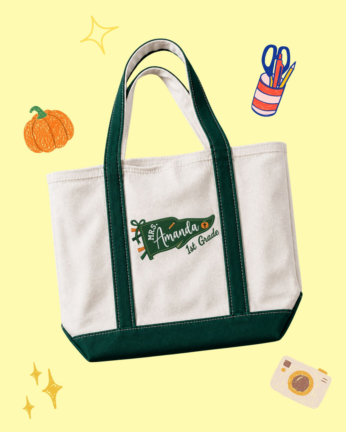 School Pennant Flag Personalized Embroidered Tote Bag — mockup 1