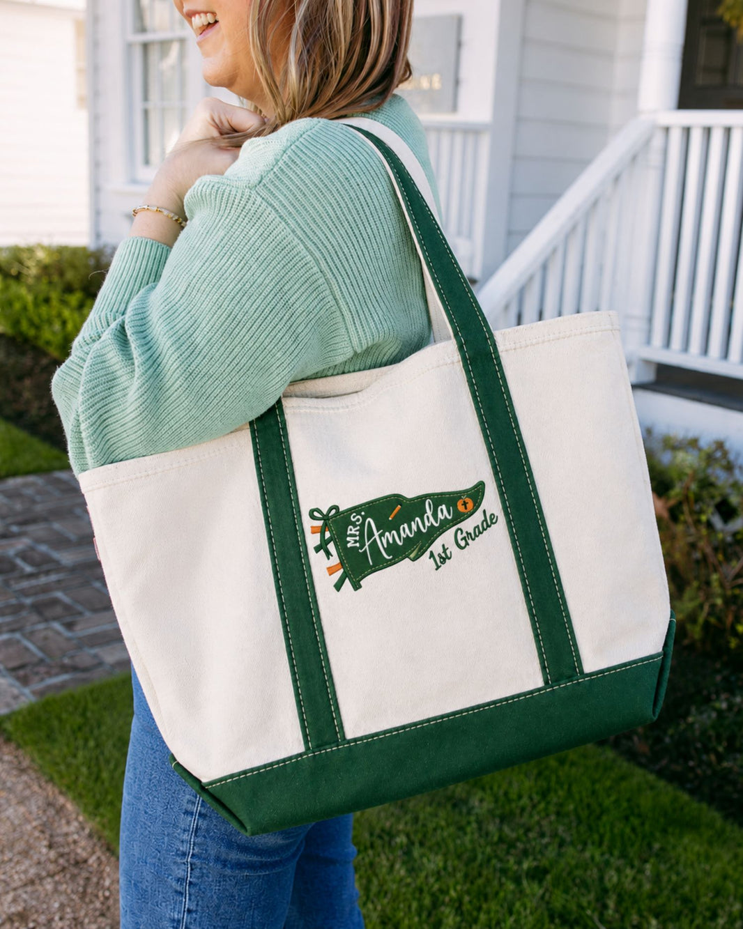 School Pennant Flag Personalized Embroidered Tote Bag — mockup 2