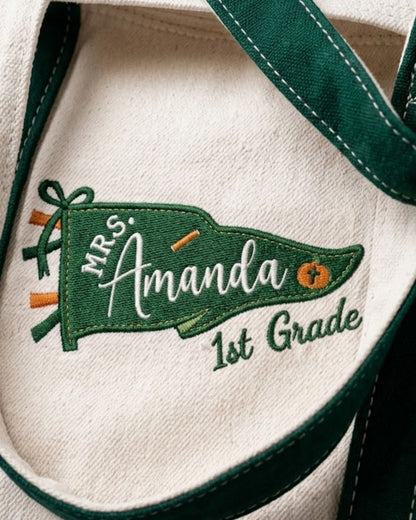 School Pennant Flag Personalized Embroidered Tote Bag — mockup 3