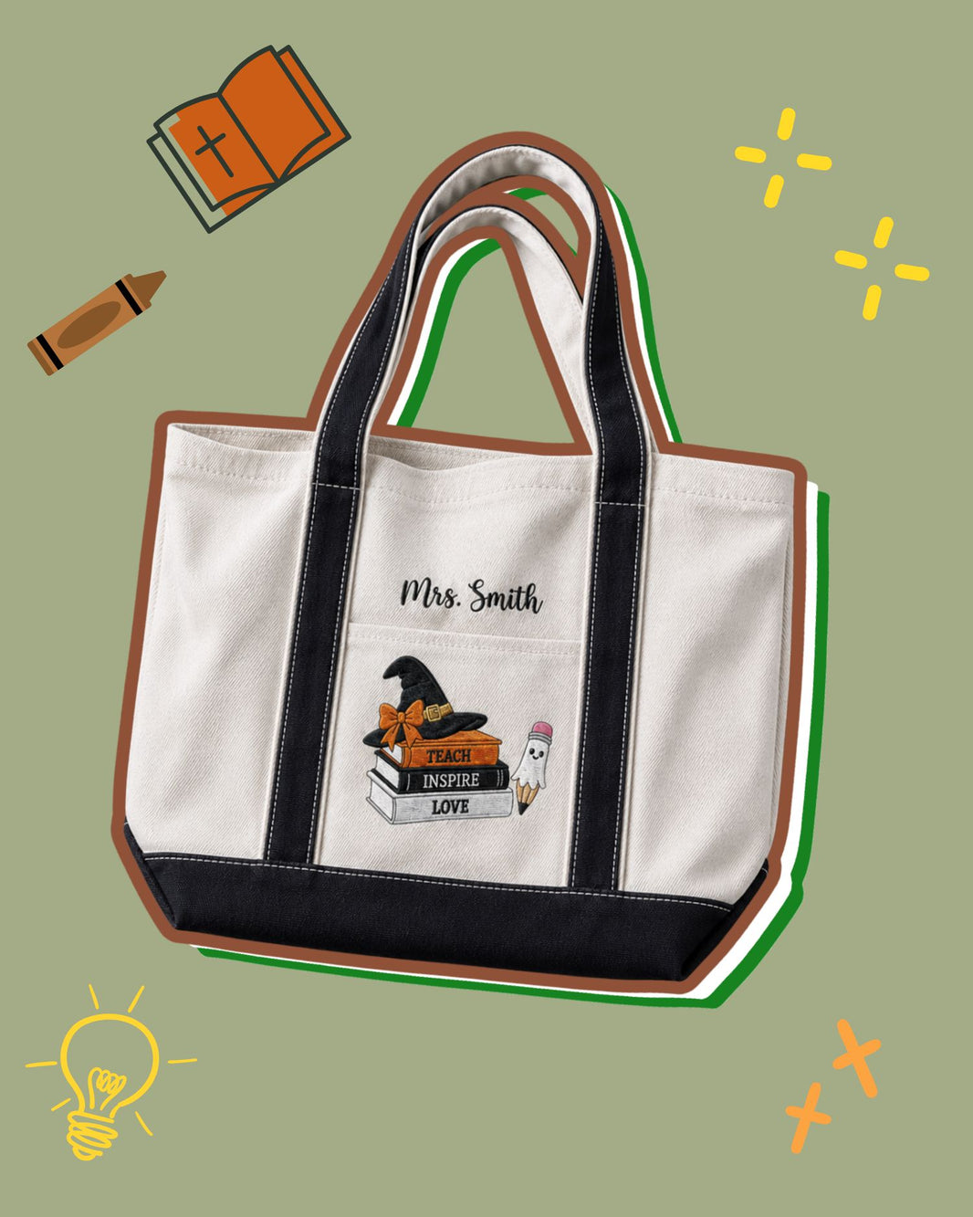 Teach Inspire Love Personalized Halloween Embroidered Tote Bag — mockup 1