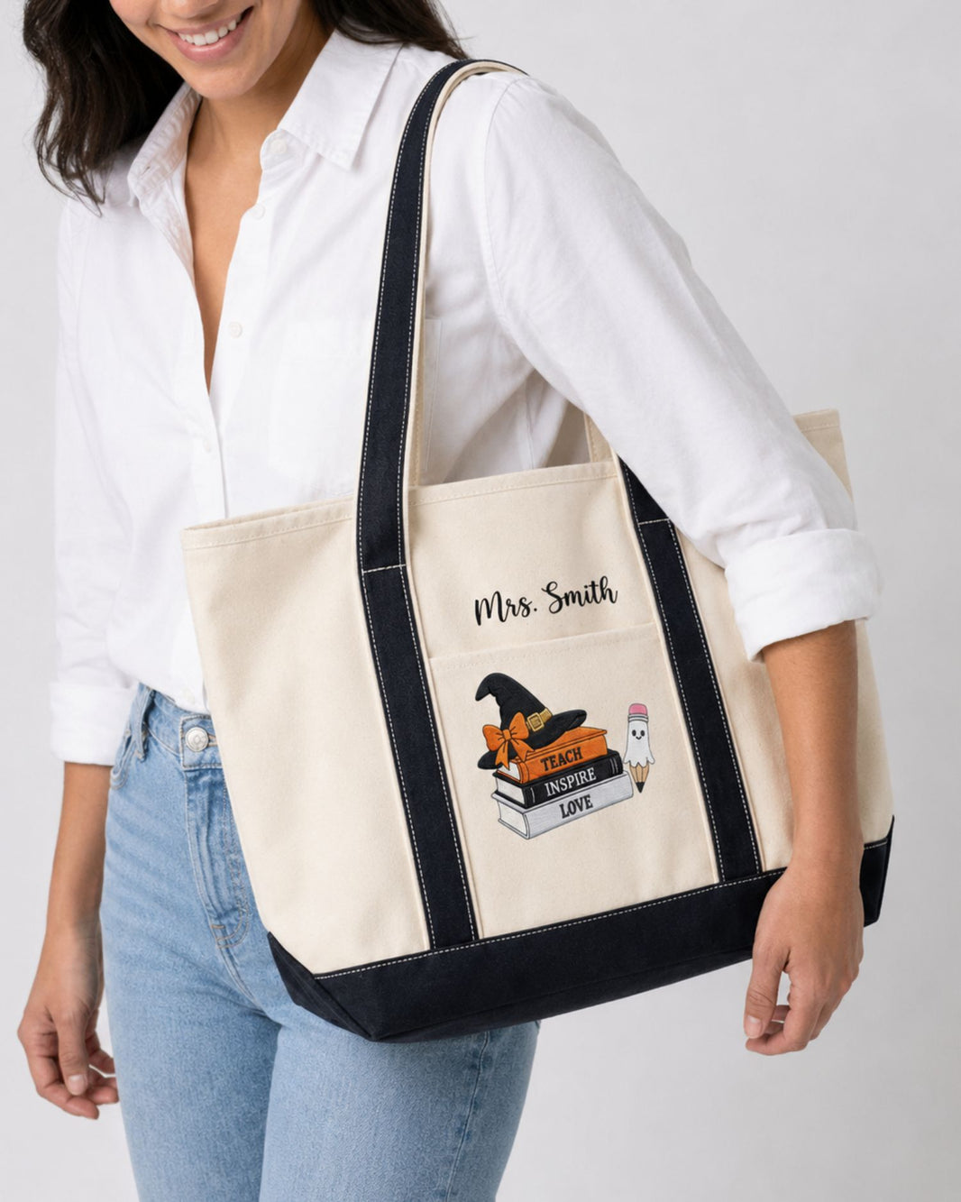 Teach Inspire Love Personalized Halloween Embroidered Tote Bag — mockup 2