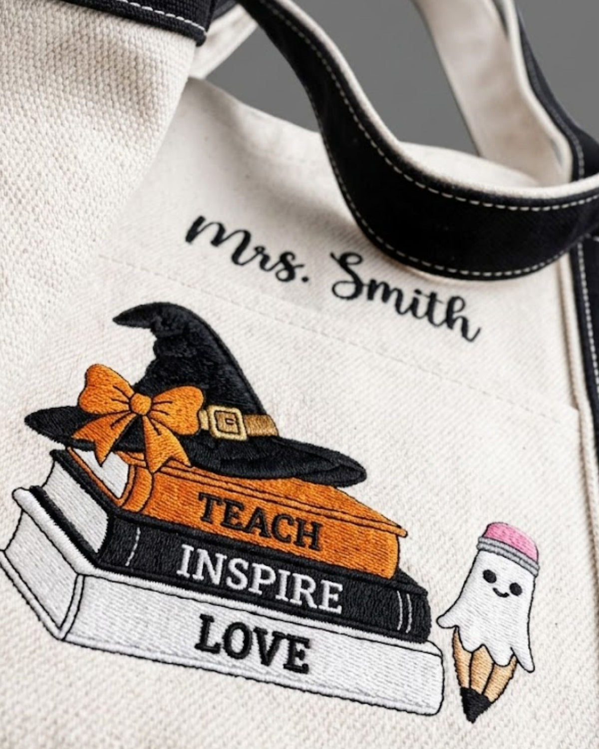 Teach Inspire Love Personalized Halloween Embroidered Tote Bag — mockup 3