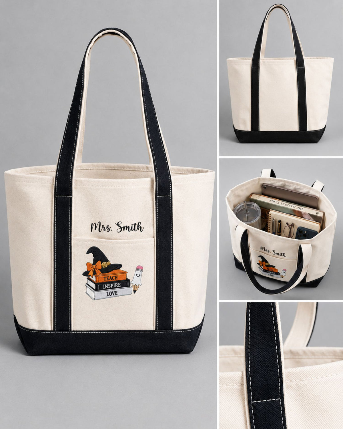 Teach Inspire Love Personalized Halloween Embroidered Tote Bag — mockup 4
