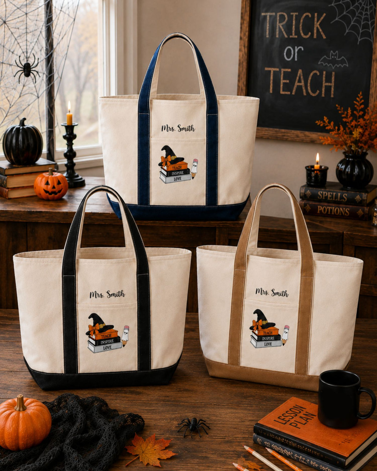 Teach Inspire Love Personalized Halloween Embroidered Tote Bag — mockup 5