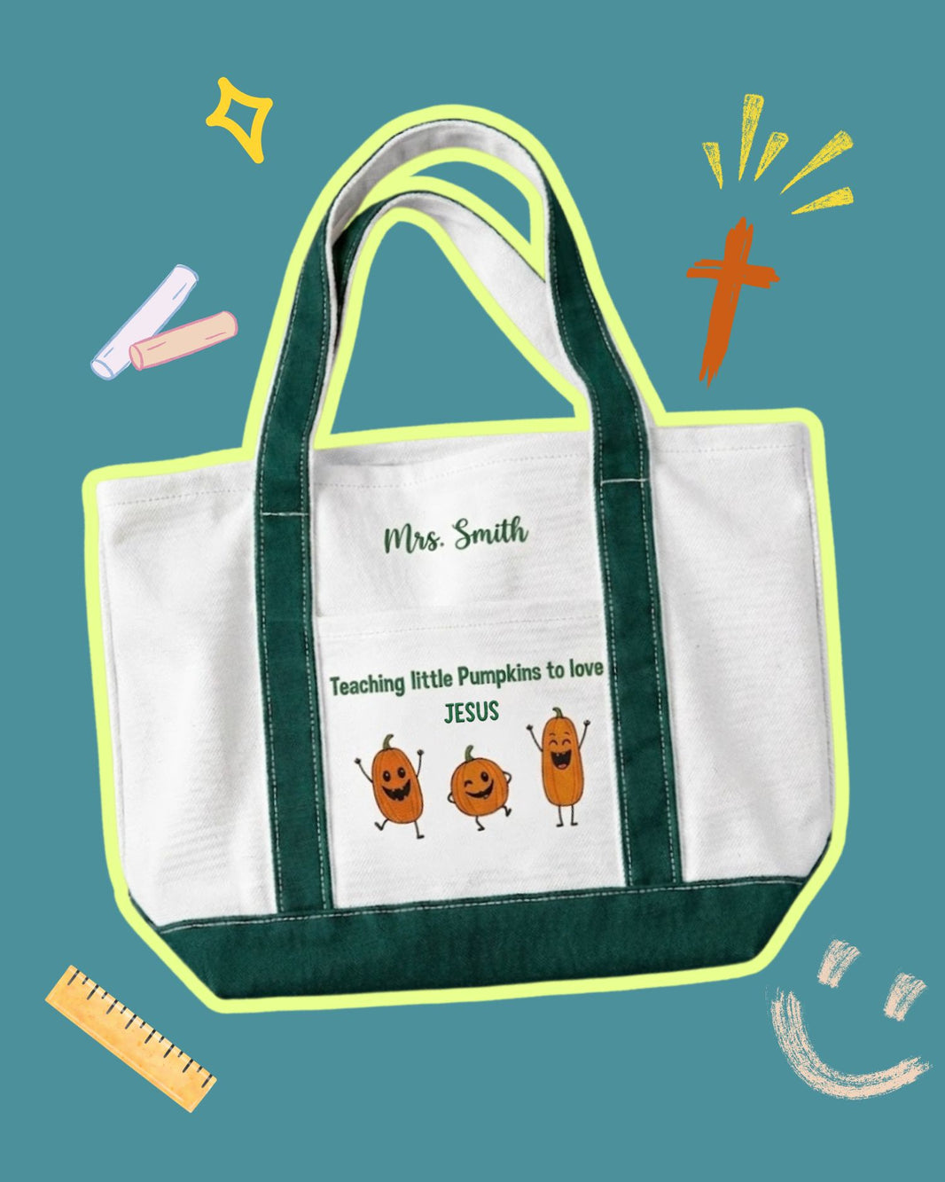 Teaching Little Pumpkins to Love Jesus Personalized Embroidered Tote Bag — mockup 1