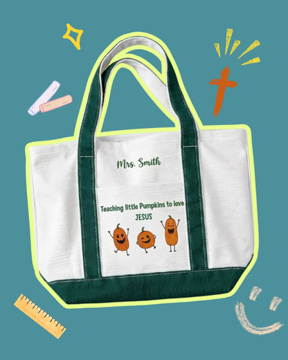 Teaching Little Pumpkins to Love Jesus Personalized Embroidered Tote Bag — mockup 1