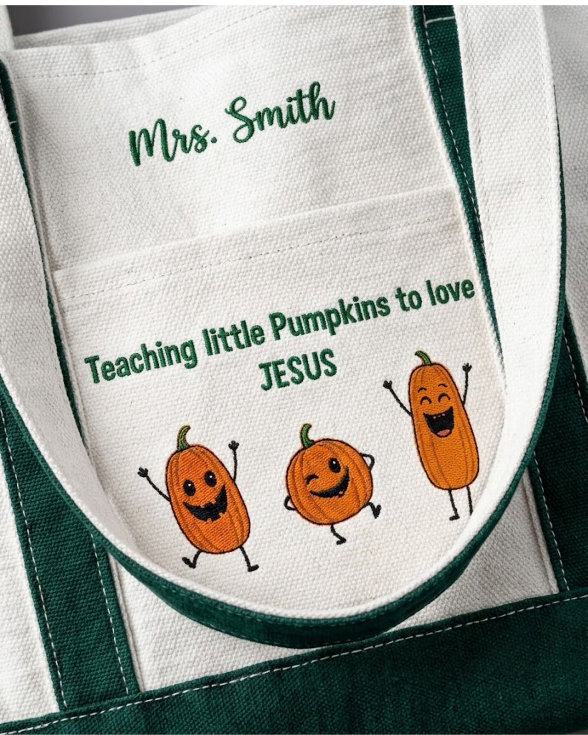 Teaching Little Pumpkins to Love Jesus Personalized Embroidered Tote Bag — mockup 3