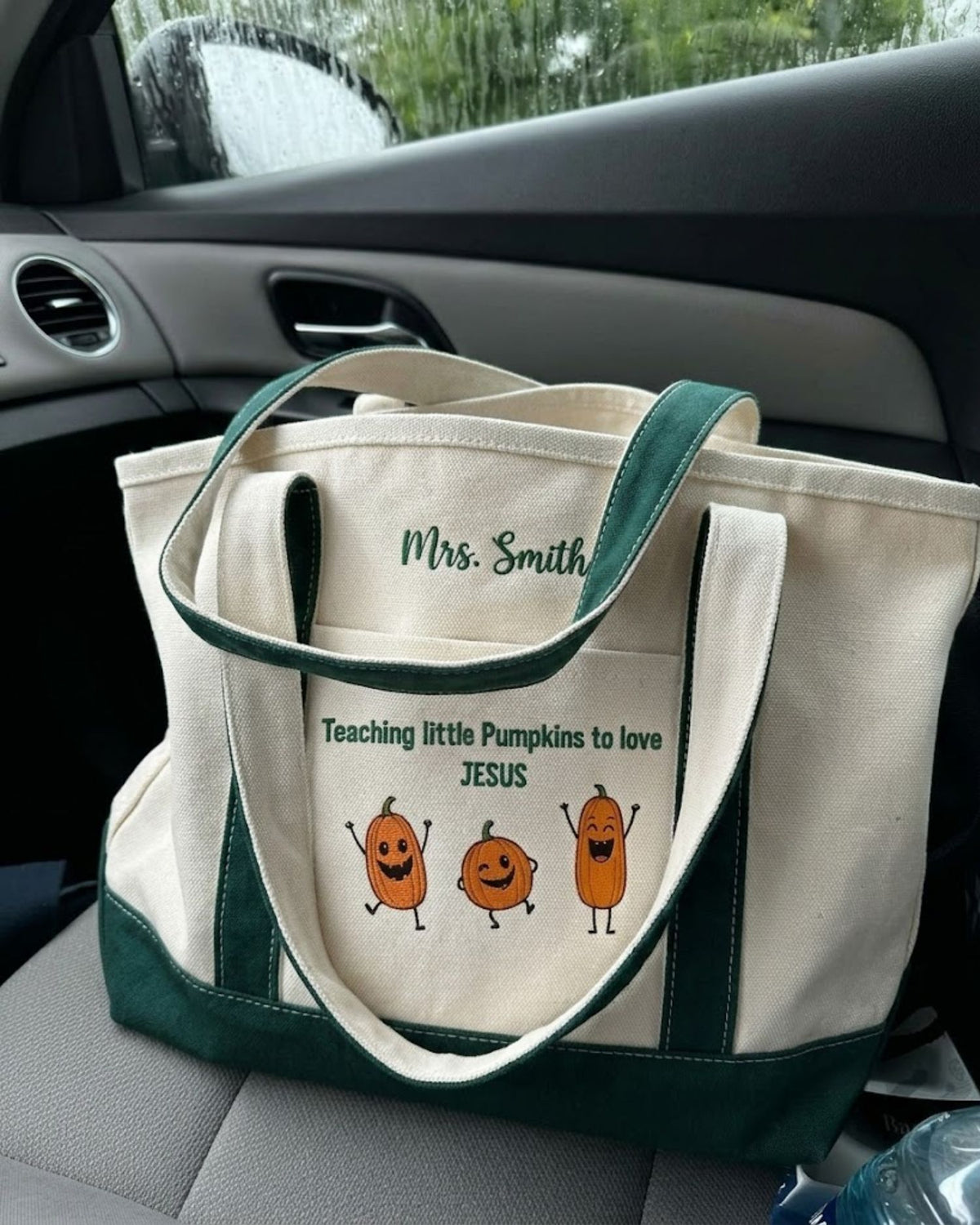 Teaching Little Pumpkins to Love Jesus Personalized Embroidered Tote Bag — mockup 4