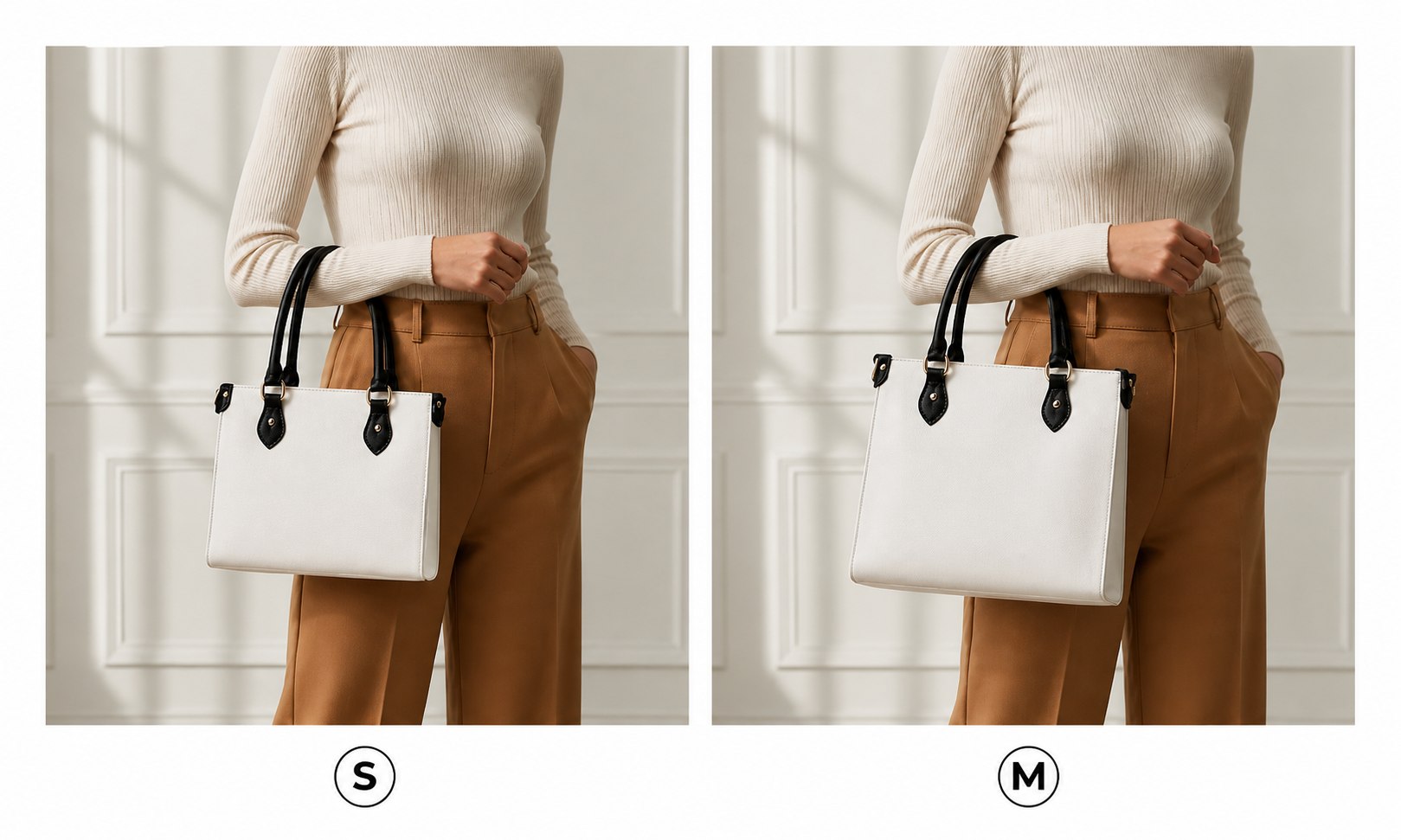 Small and medium leather handbag size comparison